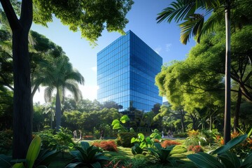 Fototapeta na wymiar The blue glass office tower stands tall amidst a sea of greenery