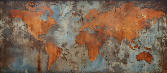 Metal rust and zinc steel wall texture abstract surface background with world map
