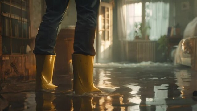 a man in rubber boots stands inside a flooded house