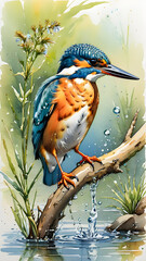 Colorful kingfisher perched on branch amidst green foliage, with lilac roller nearby, surrounded by vibrant nature