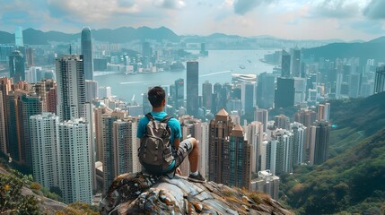 Man Taking in the Grandiose View of Hong Kong from a Mountain Peak - obrazy, fototapety, plakaty