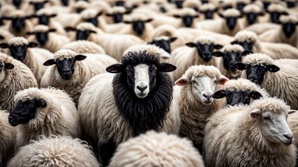 Obraz premium A black sheep among a flock of white sheep, raising head as a leader - Concept of standing out from the crowd, of being different and unique with its own identity and special skills among the others