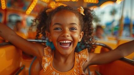 small little Girl at an amusement park with arms raised smiling - obrazy, fototapety, plakaty