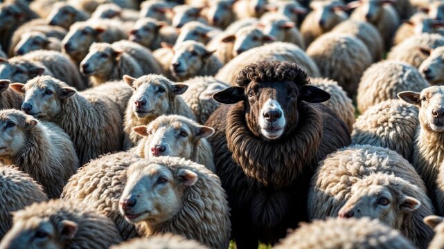  A black sheep among a flock of white sheep, raising head as a leader - Concept of standing out from the crowd, of being different and unique with its own identity and special skills among the others