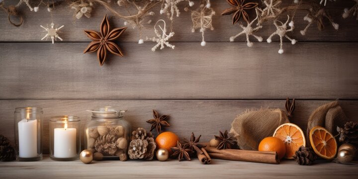 Natural wooden background with vintage white Christmas decorations, cinnamon sticks, dried citrus, and a cafe shelf.