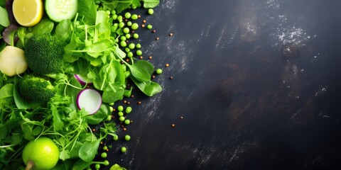 Green organic salad ingredients, top view, promoting healthy lifestyle or detox diet.