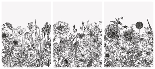 Vector set of 3 posters of different seasons. Spring Summer Autumn. Narcissus, lily of the valley, snowdrop, anemone, violet, peony, rose, lupine, cornflowers, dahlia, marigolds, chrysanthemum - obrazy, fototapety, plakaty