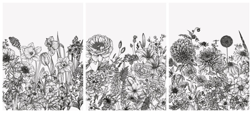 Vector set of 3 posters of different seasons. Spring Summer Autumn. Narcissus, lily of the valley, snowdrop, anemone, violet, peony, rose, lupine, cornflowers, dahlia, marigolds, chrysanthemum