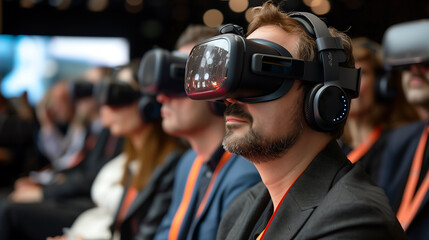 A man wearing vr headset in convention hall, technology, metaverse, digital, big data