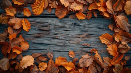 Colorful fall leaf border around an old wooden plank background.