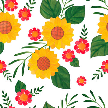 Bright floral seamless pattern of yellow and red flowers with green leaves on a white background.