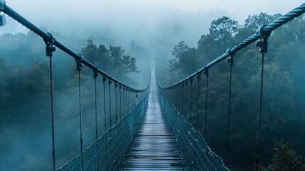 Suspension bridge over a misty forest highlighting engineering harmony with the environment
