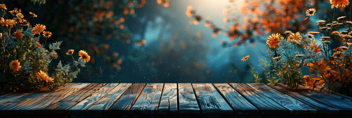 Old wooden surface terrace with a soft-focus Autumn garden flowers in the background. Horizontal Fall banner with top view and a big space for text or product