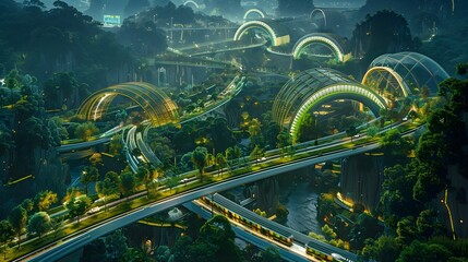 An imaginative vision of futuristic transportation with intertwined elevated roads and glowing tunnels, nestled within a lush, verdant forest landscape.






