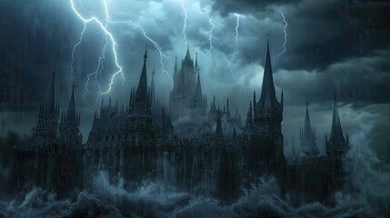 Thunderstorm raging above a medieval castle mystical energies swirling around spires in a gothic fantasy art style