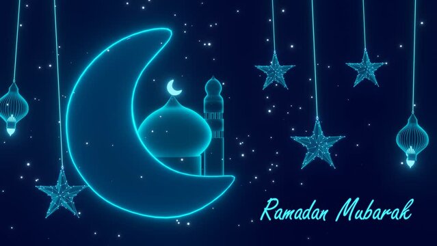 RAMADAN MUBARAK 4K LOOP ANIMATION VIDEO WITH ISLAMIC BACKGROUND. CRESCENT MOON, SATARS, MOSQUE, LANTERNS, GLOWING PARTICLES.
