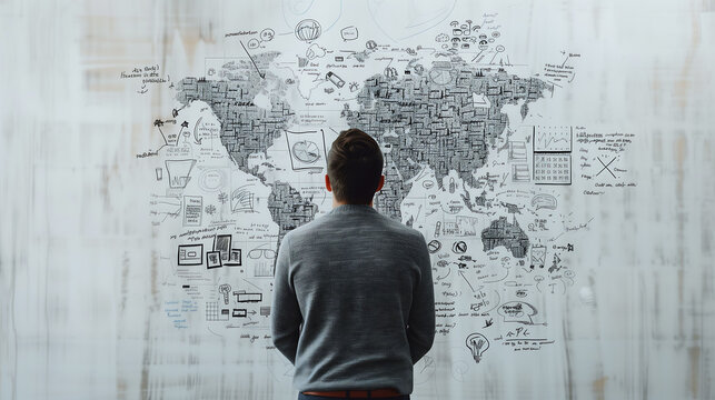 Man seeing a map strategize and work collaboratively on a business plan, combining creativity and technology in an innovative office setting, business, finance