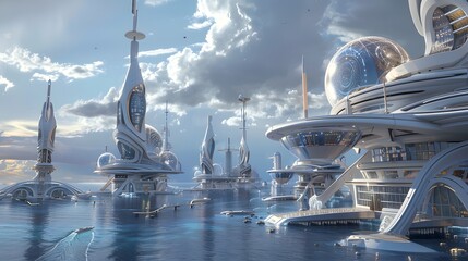 futuristic cityscape features an intricate network of towering metallic structures, connected...