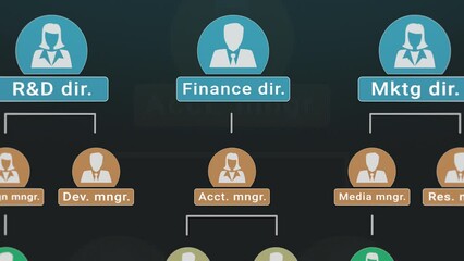 corporate organization chart, team work concept, employees hierarchy, job positions (3d render)