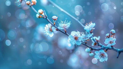 Flowers on a branch in winter on blue background
