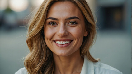 portrait of a beautiful woman smiling while looking at the camera on a clean background