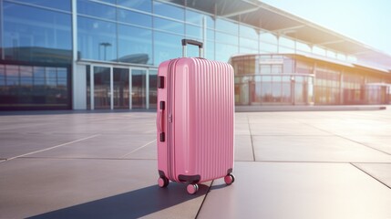 Solo pink suitcase stands by a modern airport