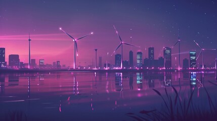 Wind turbines with LED lights on blades creating a mesmerizing light show at night in a futuristic concept art style