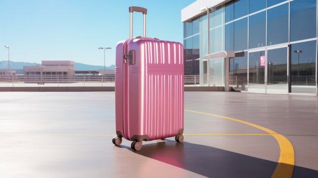 Pink luggage awaits beside glass airport facade