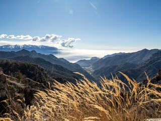 View from the Prà della Rosa Pass in the hinterland of Tremosine on Lake Garda. The Monte Baldo...