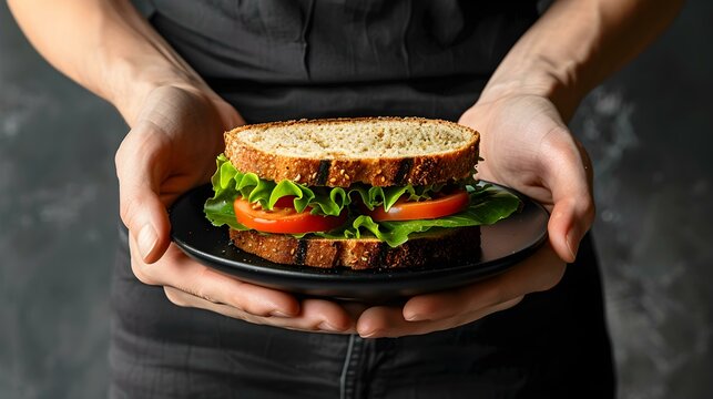 A close up of a person holding a plate with a sandwich