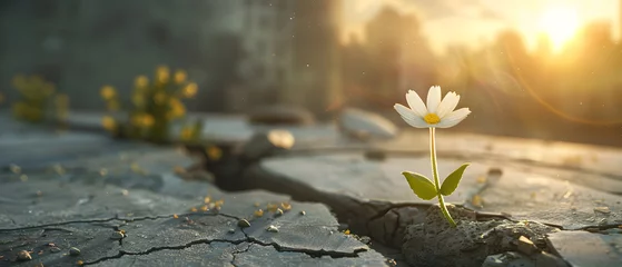 Rolgordijnen Small Flower growing out of cracked street. Highly detailed and realistic concept design © katobonsai