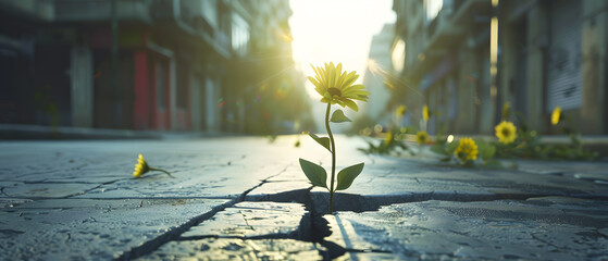 Small Flower growing out of cracked street. Highly detailed and realistic concept design