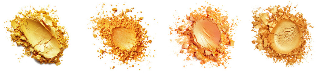 Collection of golden yellow makeup powders in explosive arrangements - obrazy, fototapety, plakaty