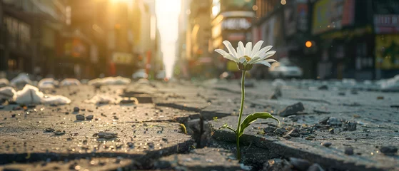 Tuinposter Small Flower growing out of cracked street. Highly detailed and realistic concept design © katobonsai