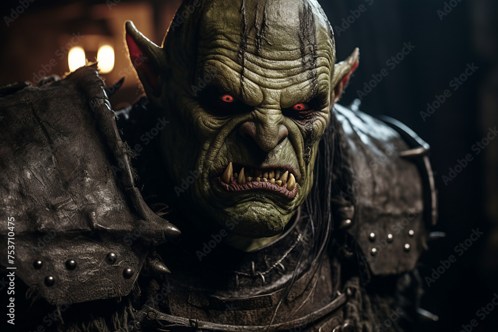 Wall mural ai generated close up portrait of a male orc ogre with medieval armor