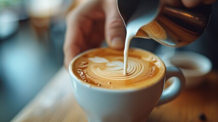 Close-up of a barista pouring milk into a coffee cup creating latte art - obrazy, fototapety, plakaty