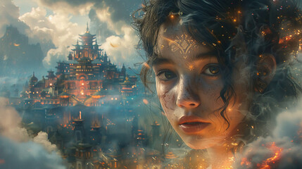 characters from the movie elemental with a magical city on the background  very detailled - obrazy, fototapety, plakaty