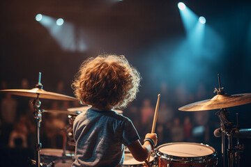 Fototapeta na wymiar Image of a little funny boy playing with a drum set made with generative AI