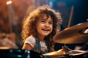 Fotobehang Picture of a happy charming little funny girl playing with a drum set on stage made with generative AI © Tetiana