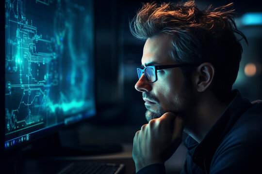 Hard working person in modern interior office programming writing web java script code AI technology generation