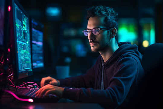 Hard working person in modern interior office programming writing web java script code AI technology generation
