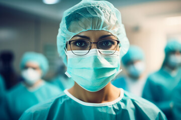 Generative IA picture modern operating room in futuristic surgery clinic team of professionals operating patient