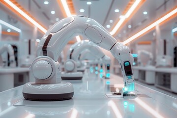 Industrial robotic arm performing precision work in manufacturing. High-tech factory automation concept. Suitable for poster, tech exhibition and industrial design