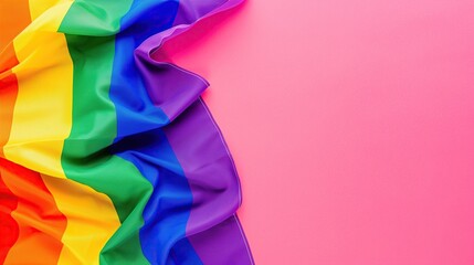 A rainbow flag on a pink background. Copy space.