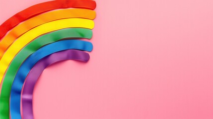 A rainbow flag made of fabric stripes on a pink background. Copy space. - obrazy, fototapety, plakaty