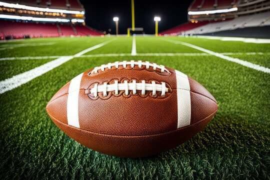 Realistic American football field. shoot of a ball in a feild at night with lights in background
