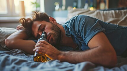drunk man alcoholic gets drunk and sleeps on the bed with a bottle whiskey in hand, alcoholism causes dementia, banner - obrazy, fototapety, plakaty