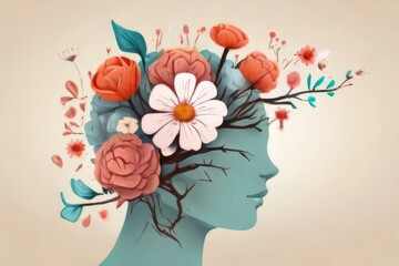 Illustration retro Trendy paper collage composition wallpaper modern art of a woman with hair flowers 
