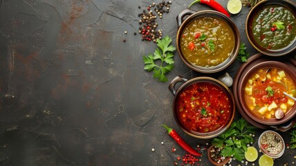 top view Wide variety of dishes on background of black table, with empty space for text 