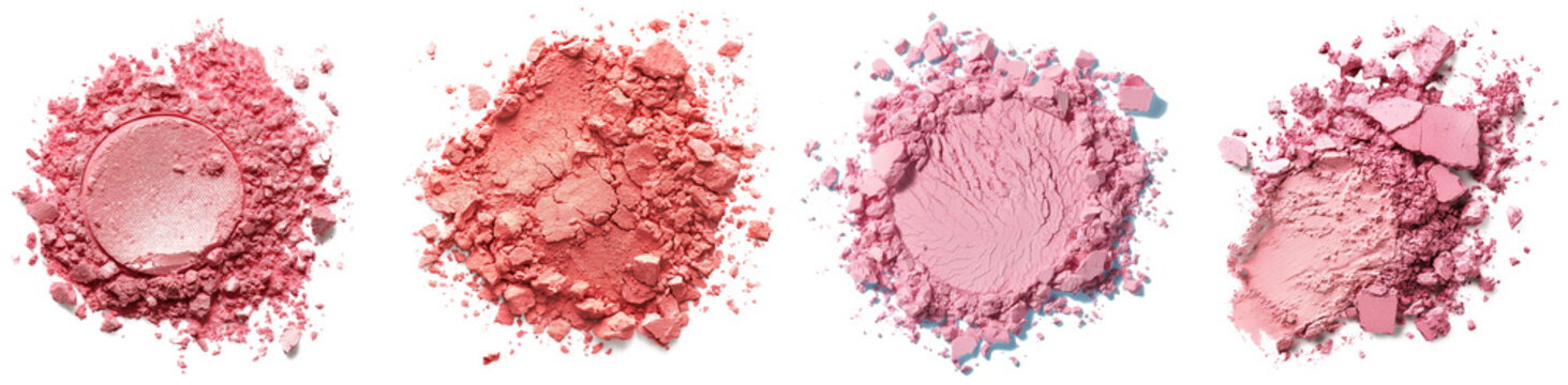 Collection of pink makeup powders in explosive arrangements